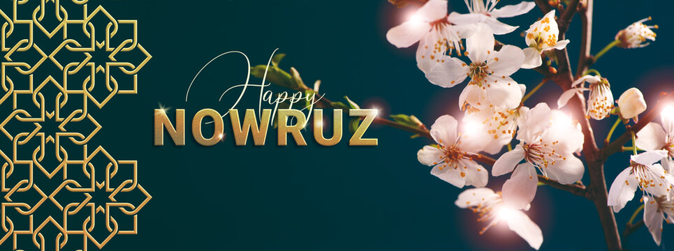 Happy Nowruz festive banner with Apricot Tree branch with pink flowers. Persian New Year Holiday Concept.