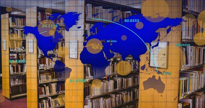 Animation of spots and data processing with world map over books on shelves in library