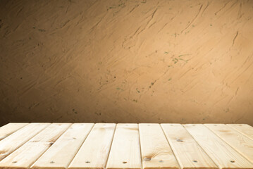 wood brown grain texture, dark wall background, top view of wooden table. High quality photo