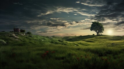 A lone tree and distant house stand in serene, rolling green fields under a dramatic sunset sky.