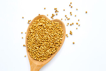 Coriander seeds on white background. Copy space