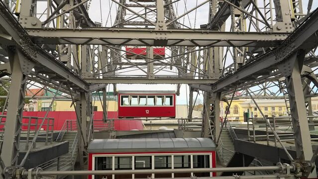 Looking inside the center of the historic Viennese Giant Ferris Wheel in Prater Park, Vienna, Austria
