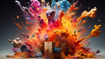 Exploding cardboard surprise box colorful splash picture AI Generated art