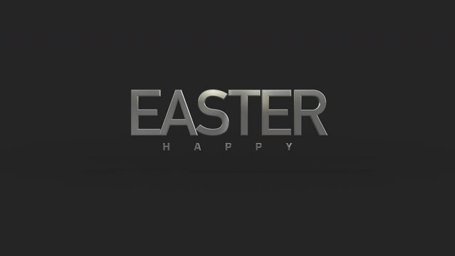 A festive Easter image with metallic silver letters on a black background spelling Happy Easter in a diagonal pattern, giving a shiny and celebratory appearance