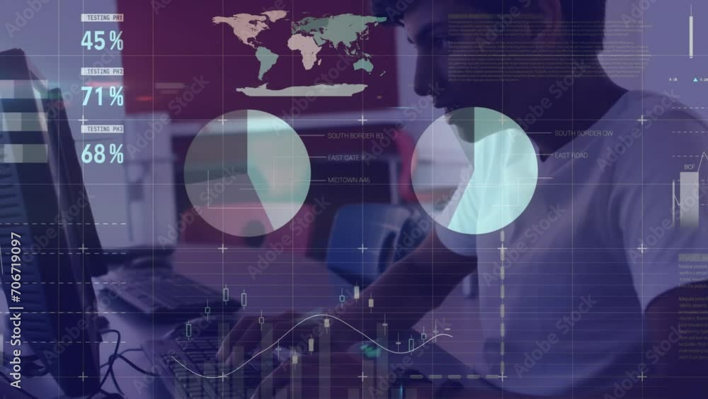 Poster animation of financial data processing over biracial student using computer