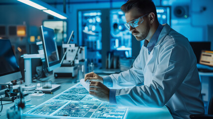 Engineer analyzing a 3D hologram of mechanical structures for development