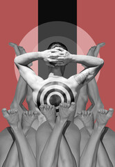 Collage with a Man with a target drawn on his back holds his hands on the back of his head and legs of a women	