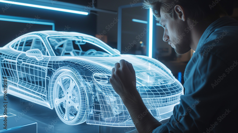 Poster engineers analyze machine structure using holograms in a modern lab