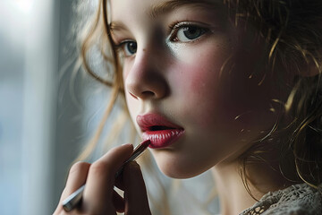 retrato de una preciosa niña adolescente  pintándose los labios y maquillándose, sobre fondo desenfocado