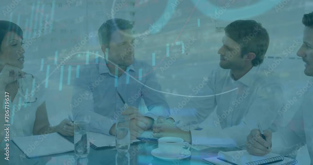 Poster animation of financial data processing over diverse colleagues having meeting in office