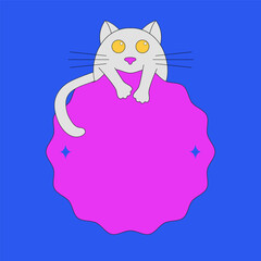 Cute cat animal with sticker or label, cartoon hand drawn style. Vector illustration