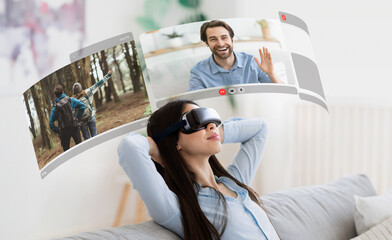 Young relaxed woman seamlessly blends virtual reality with video chats, creating memorable moments...