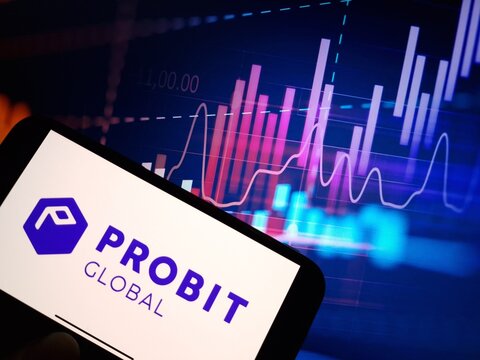 Konskie, Poland - January 10, 2024: ProBit Global cryptocurrency exchange logo displayed on smartphone on crypto market data background