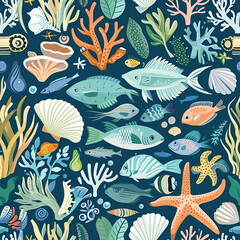 Fototapeta premium Vibrant Underwater Scene Ocean Life Themed Seamless Tile Pattern