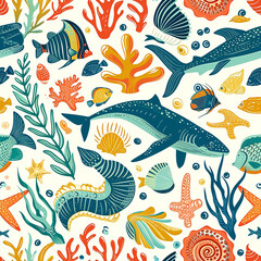 Vibrant Underwater Scene Ocean Life Themed Seamless Tile Pattern