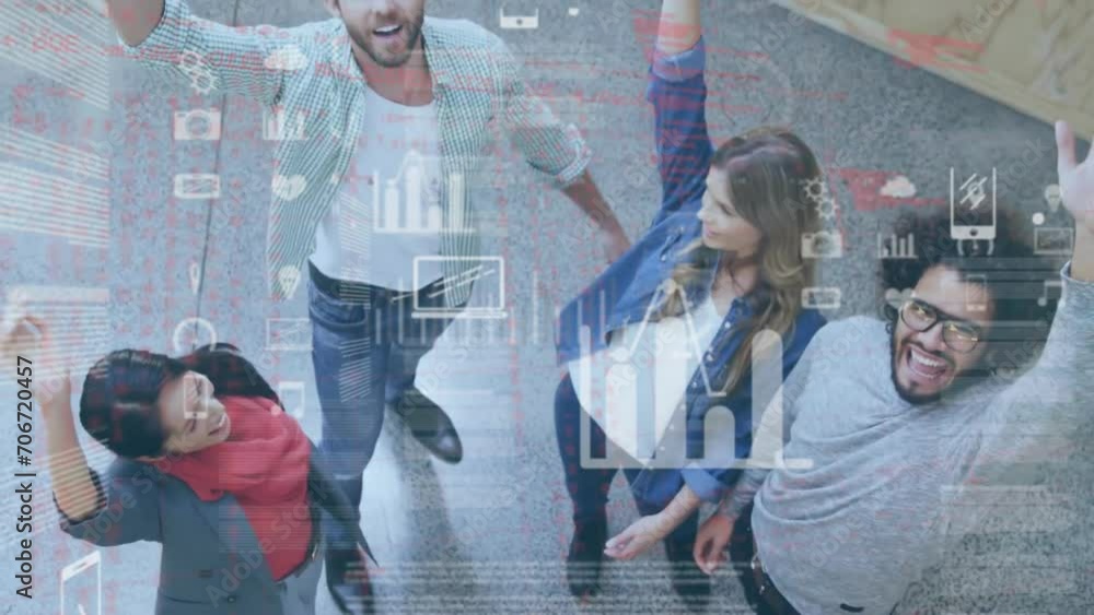 Poster animation of data processing with icons over diverse colleagues teaming up in office