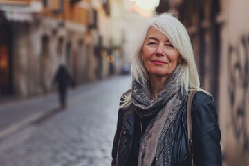 Attractive smiling white haired mature woman posing in a city street looking at the camera - obrazy, fototapety, plakaty