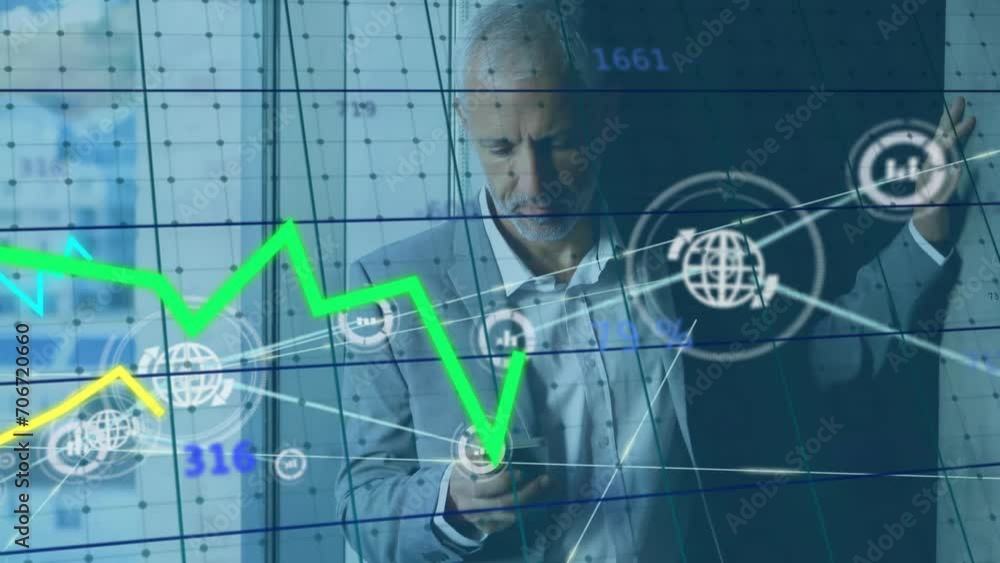 Aufkleber animation of connections and data processing over caucasian businessman using smartphone