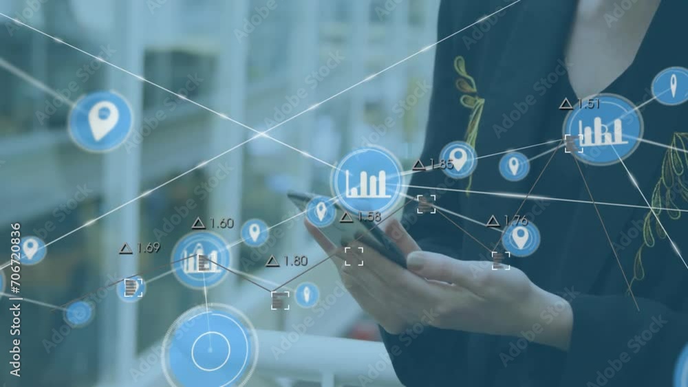 Poster animation of connections and data processing over caucasian businesswoman using smartphone