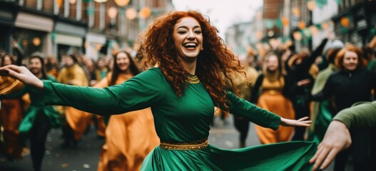Joyful woman in green dress dancing at St. Patrick's Day parade. Cultural celebration. Banner.