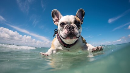 French bulldog surfing on sea beach with sunglasses pictures