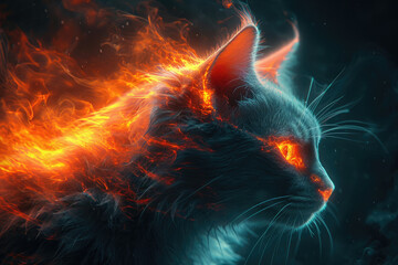 Un gato con forma de llamas y ojos brillantes, al Ilustración realista, realismo colorido, niebla, retratos animales con carácter - obrazy, fototapety, plakaty