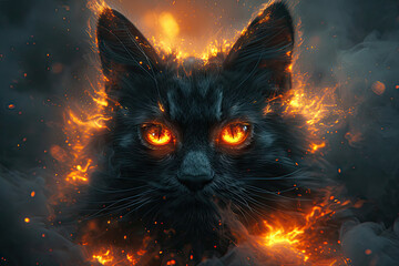 Un gato con forma de llamas y ojos brillantes, al Ilustración realista, realismo colorido, niebla, retratos animales con carácter