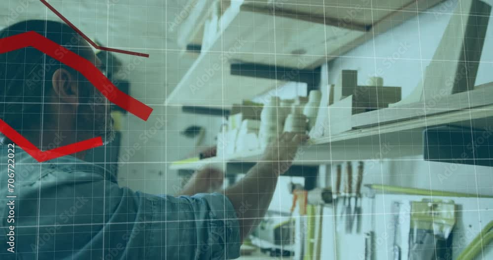 Poster animation of red graph processing over caucasian male carpenter at work in workshop