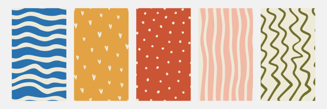 Groovy seamless patterns. Wave, heart, polka dot, line. Set of funky hippie print for textile, cover, print, fabric, packaging. Y2k vector aesthetic.