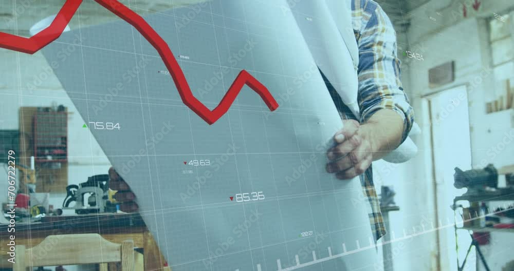Poster animation of red graph processing over mature caucasian male carpenter with blueprints in workshop