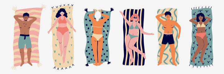 Young women and men sunbathing on the beach set on towels. Beach banner with cartoon characters. Summer vector illustration for banner, cover, stickers. - obrazy, fototapety, plakaty