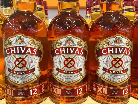 Viersen, Germany - January 9. 2024: Closeup of bottles Chivas blended scotvh whisky aged 12 years
