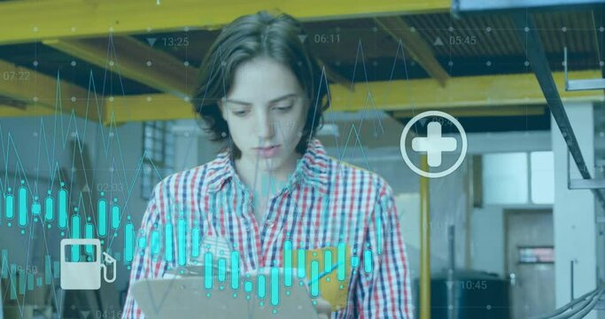 Animation of graph with energy and media icons over caucasian female carpenter checking equipment