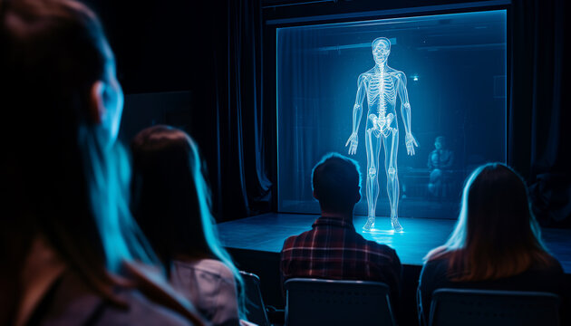 Engaged interns examine holographic model during training
