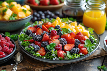 Fototapeta na wymiar Mesa con Ensaladas y Frutas Coloridas, ecológicas y sostenibles, alimentación saludable