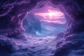 Paisaje Mágico de cueva polar por paisaje montañoso nevado con tonos morados, rosas y rosados del atardecer