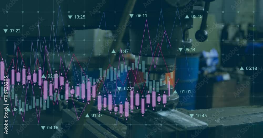 Aufkleber animation of graphs and data processing over machinery in workshop