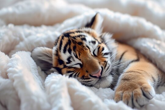photo of a cute little tiger cub sleeping on a white blanket, copy space