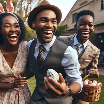 A candid photo of a laughing family in their Sunday best hunting for eggs in their backyard