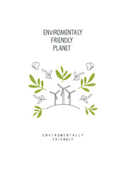 Vector illustration of Environmentally friendly planet. Cartoon sketch of wind energy eco sign. Think Green. Protect the World from pollution concept.


