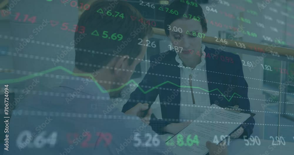Poster animation of financial data processing over caucasian man signing document with female advisor