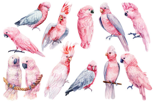 Pink cockatoo bird set isolated white background. Watercolor hand-painted bird illustration, tropical parrot clipart