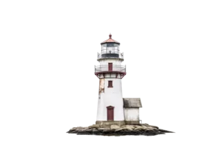  a white and red lighthouse on rocks © Andrei