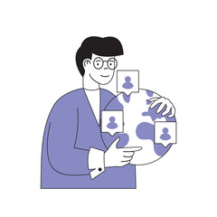 Teamwork concept with cartoon people in flat design for web. Man connecting with distant colleagues and freelancers working at project. Vector illustration for social media banner, marketing material.