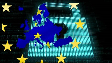 Animation of blue map of europe and yellow stars of eu flag on black background - Powered by Adobe