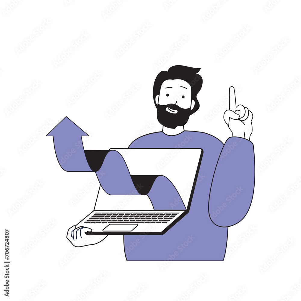 Poster teamwork concept with cartoon people in flat design for web. man analyzing financial data and presen