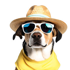Dog wearing cool glasses and straw hat in summer clothes on white background Generative AI