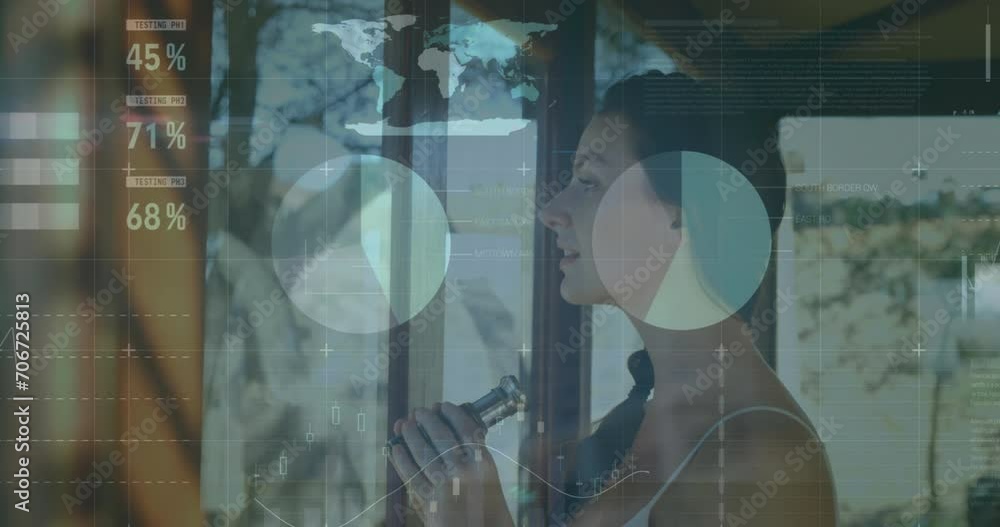 Poster animation of data processing on graphs and charts over happy caucasian woman looking out of window