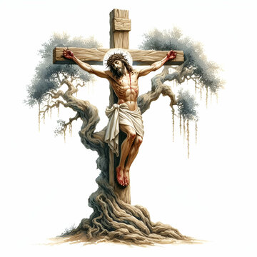 Jesus christ on cross, tree, stalk isolated on white background, watercolor style
