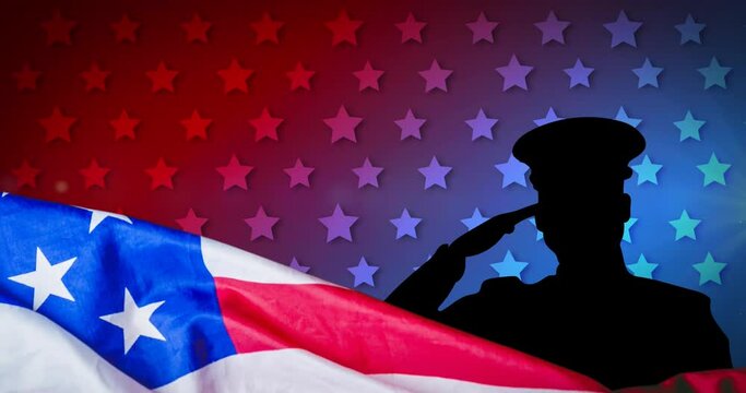 Animation of american flag over silhouette of saluting soldier over white stars